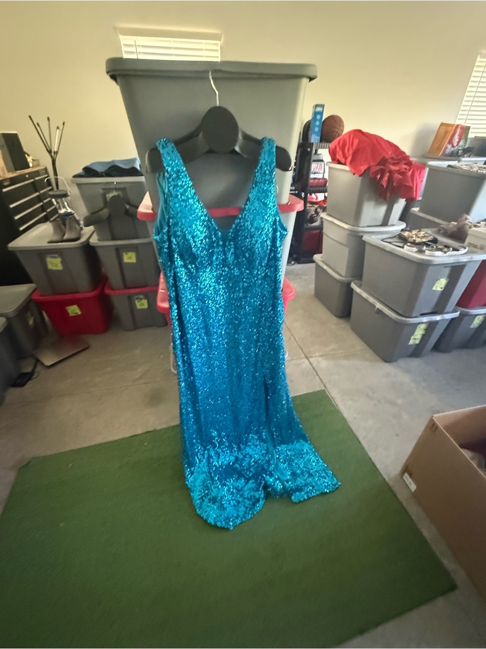 Morgan & Co. Teal Sequin V-Neck Prom Gown